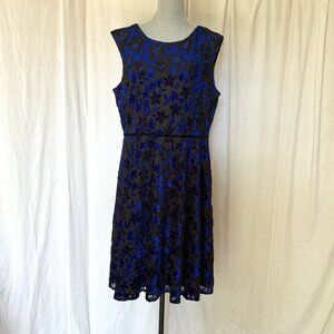 Tahari Women’s Black Blue Floral Leaf Fit Flare Textured Dress 18